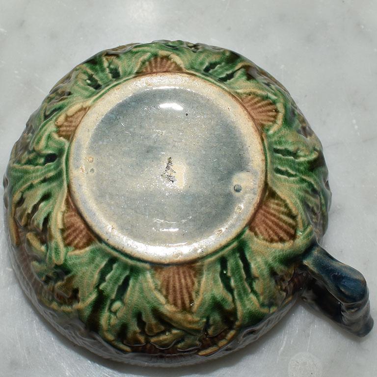 American Antique Etruscan Seaweed Griffin Smith Hill Majolica Tea Cup and Saucer 19th C For Sale