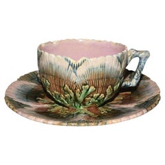 Antique Etruscan Seaweed Griffin Smith Hill Majolica Tea Cup and Saucer 19th C