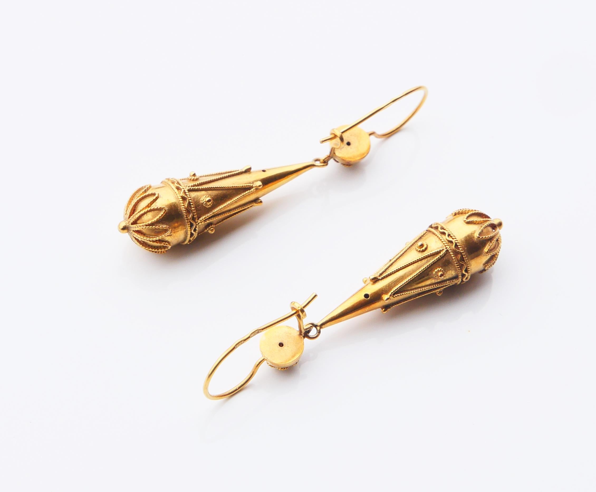Women's Antique Etruscan style Granulated Dangle Earrings solid  18K Gold / 7.1gr For Sale