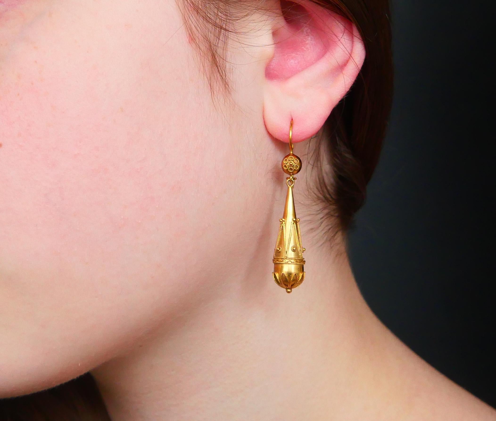 Antike Etruskische Stil Granulierte Ohrringe baumeln massiv  18K Gold / 7.1gr im Angebot 1