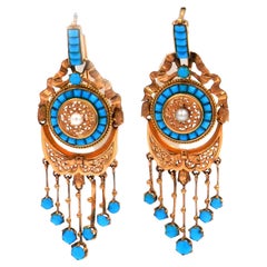 Antichi orecchini pendenti in oro 18 carati con turchese in stile etrusco, circa 1865
