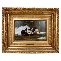 Antique Eugene Remy Maes Belgian Winter Barnyard Chickens Scene Oil Painting