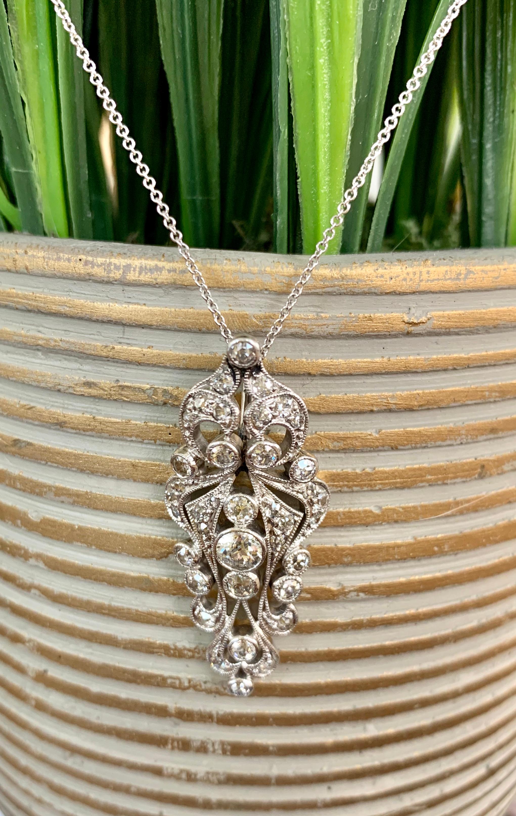 Antique Euro Cut Diamond Platinum Pendant and 14 Karat White Gold Chain In Good Condition For Sale In St. Louis Park, MN