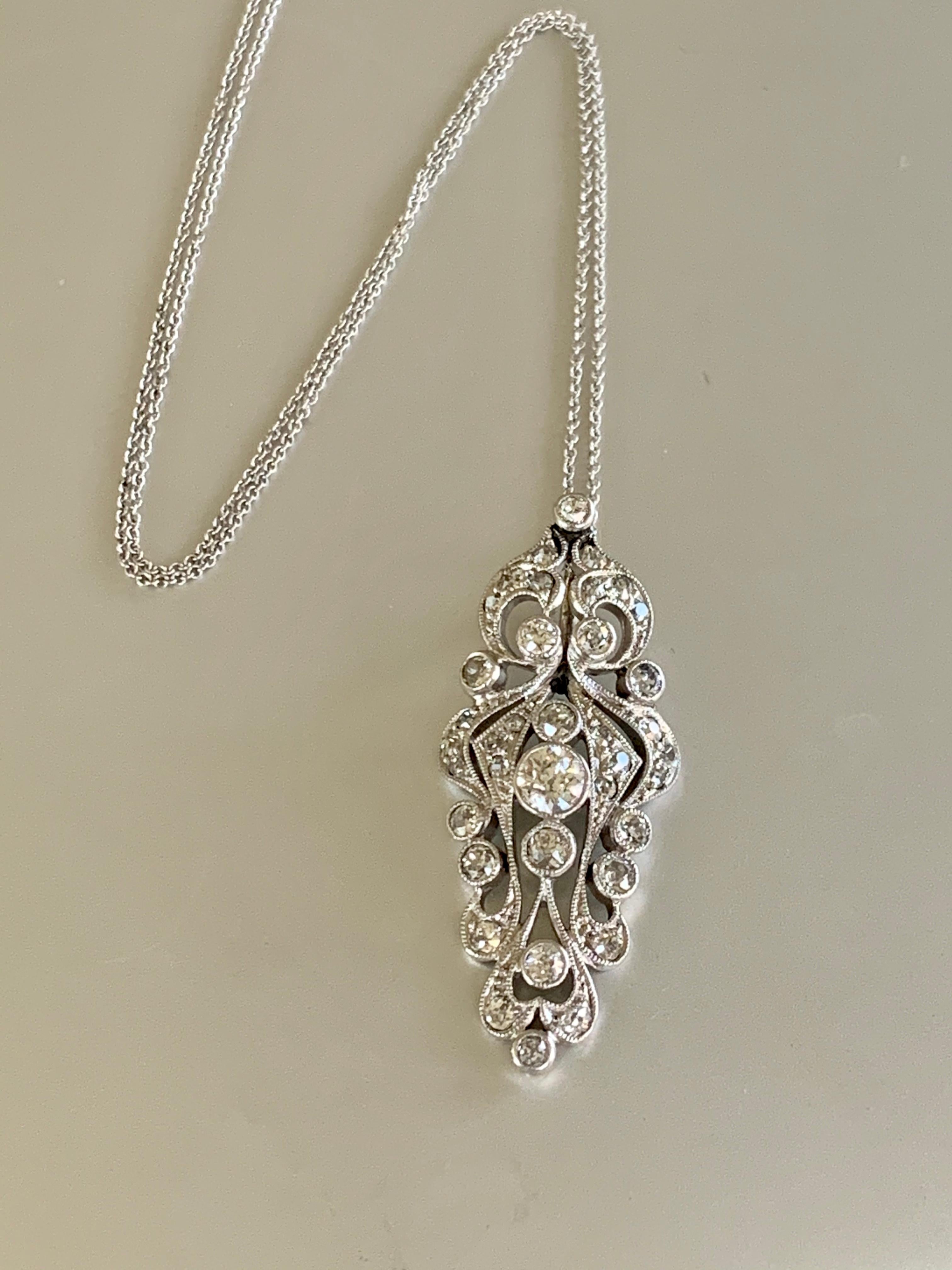 Women's or Men's Antique Euro Cut Diamond Platinum Pendant and 14 Karat White Gold Chain For Sale