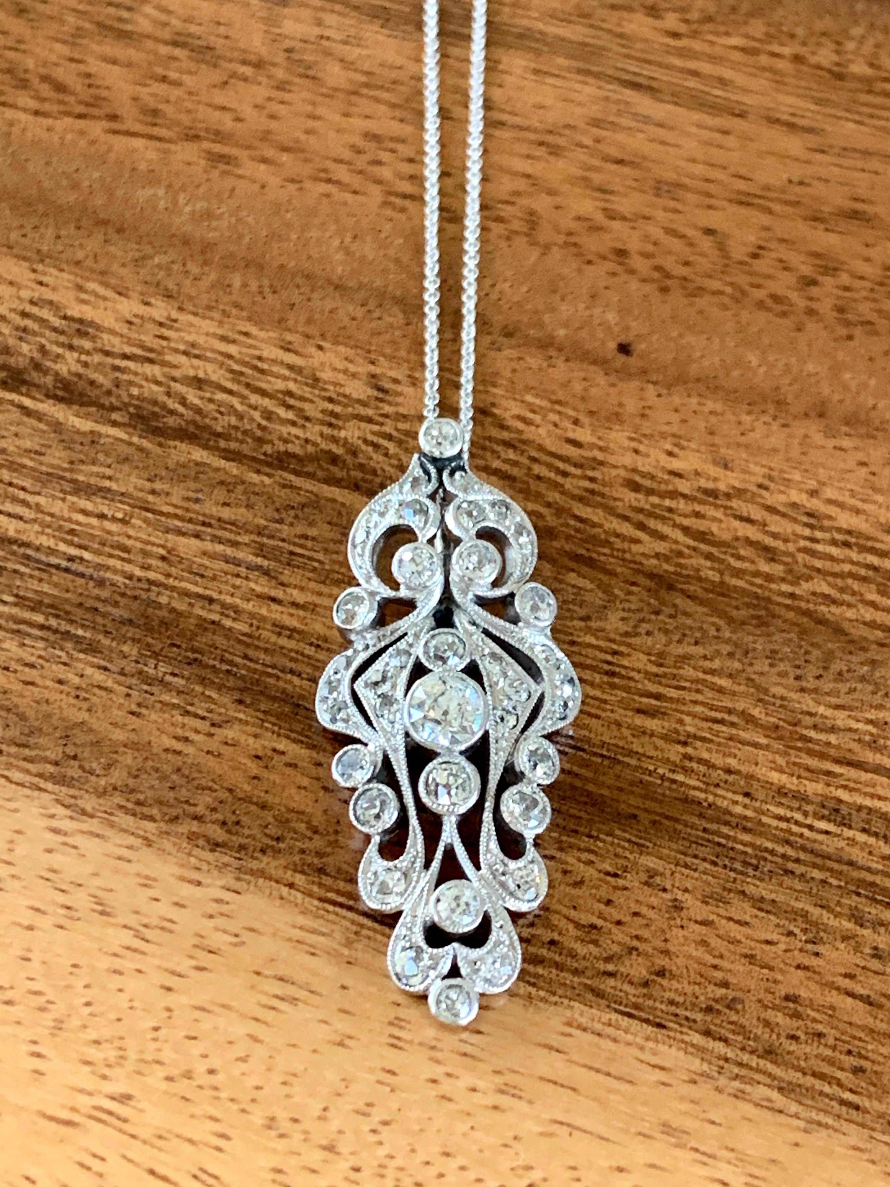 Antique Euro Cut Diamond Platinum Pendant and 14 Karat White Gold Chain For Sale 1