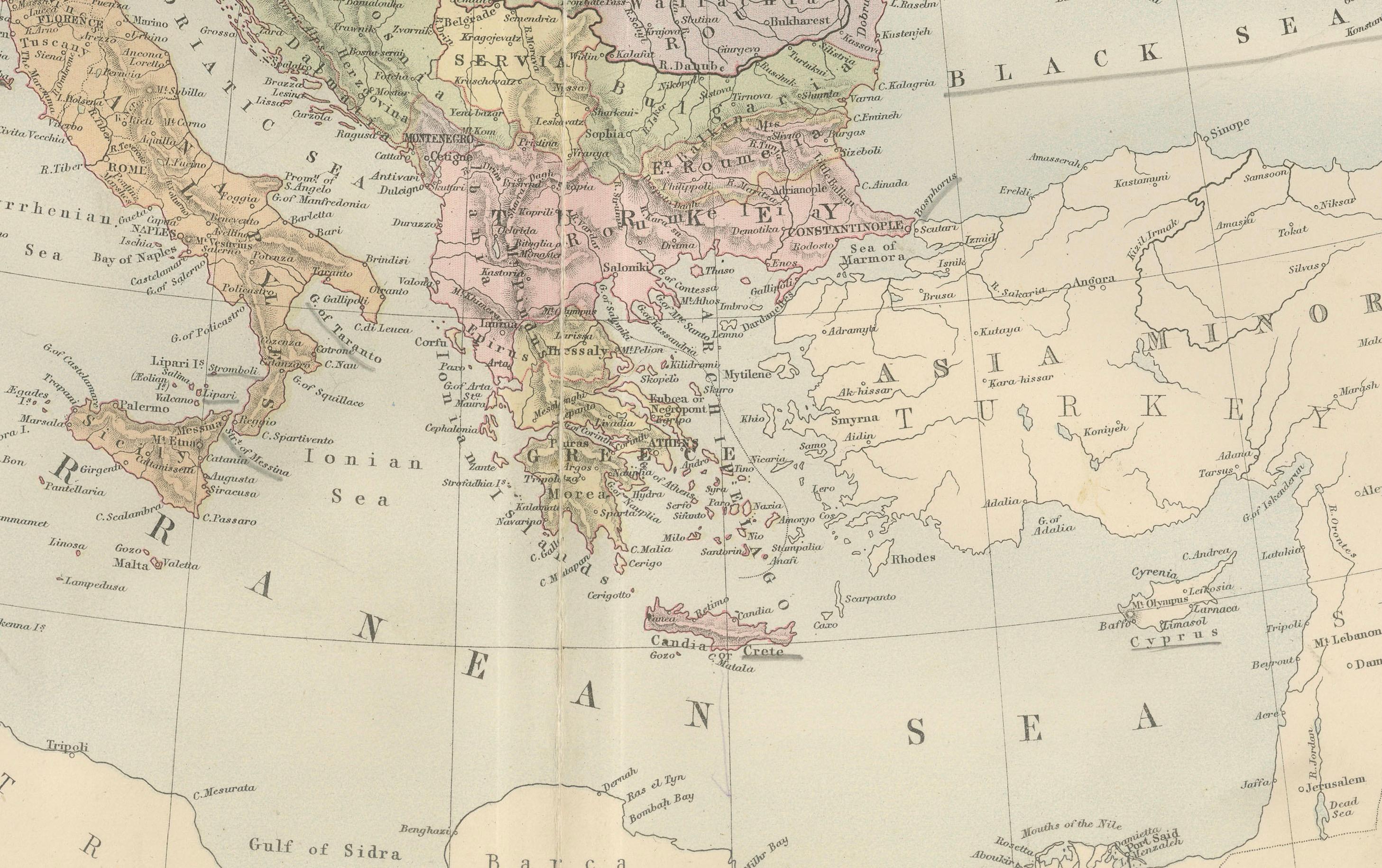 Mappa antica dell'Europa con confini politici - Arte da parete da collezione, 1884 In condizioni buone in vendita a Langweer, NL