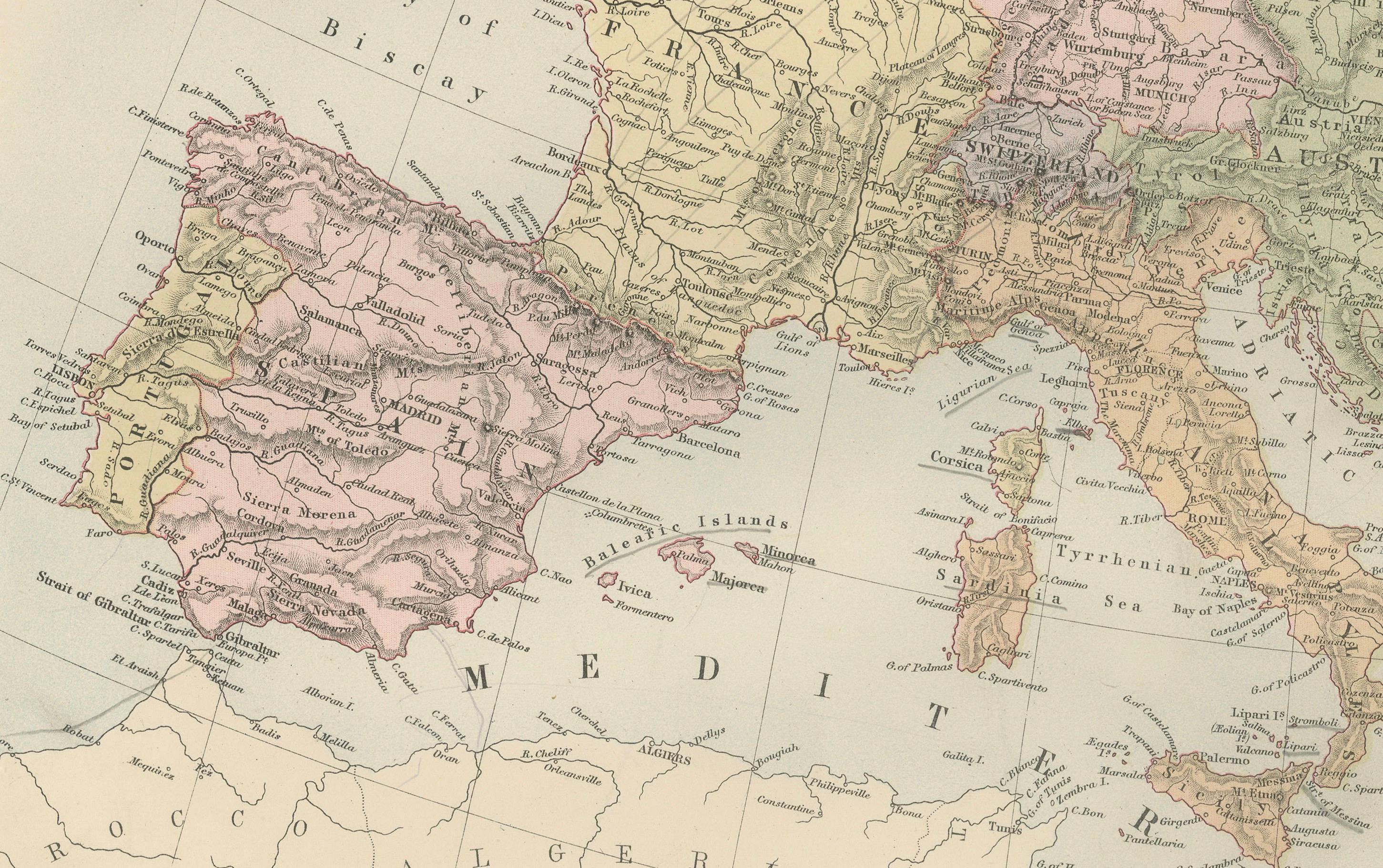 Fine XIX secolo Mappa antica dell'Europa con confini politici - Arte da parete da collezione, 1884 in vendita