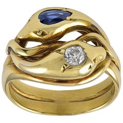 Antique European 18 Karat Gold Sapphire and Diamond Double Headed Snake Ring