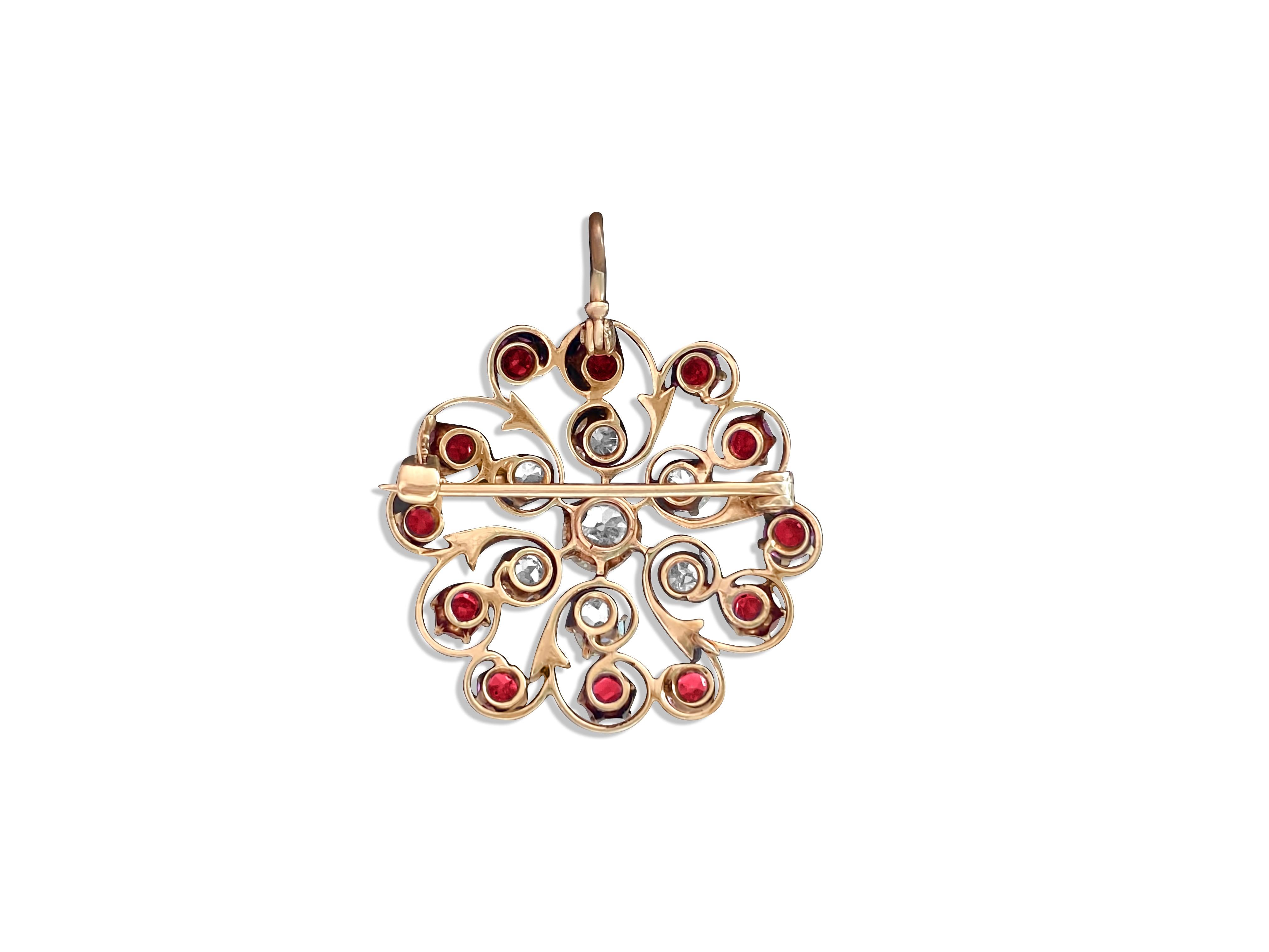Crafted in 14k yellow gold, this stunning vintage piece features 1.70 carats of Old European cut diamonds with G color and SI clarity, complemented by a 2.00 carat round-cut Burma ruby, showcasing a deep red hue. With a total carat weight of 3.70