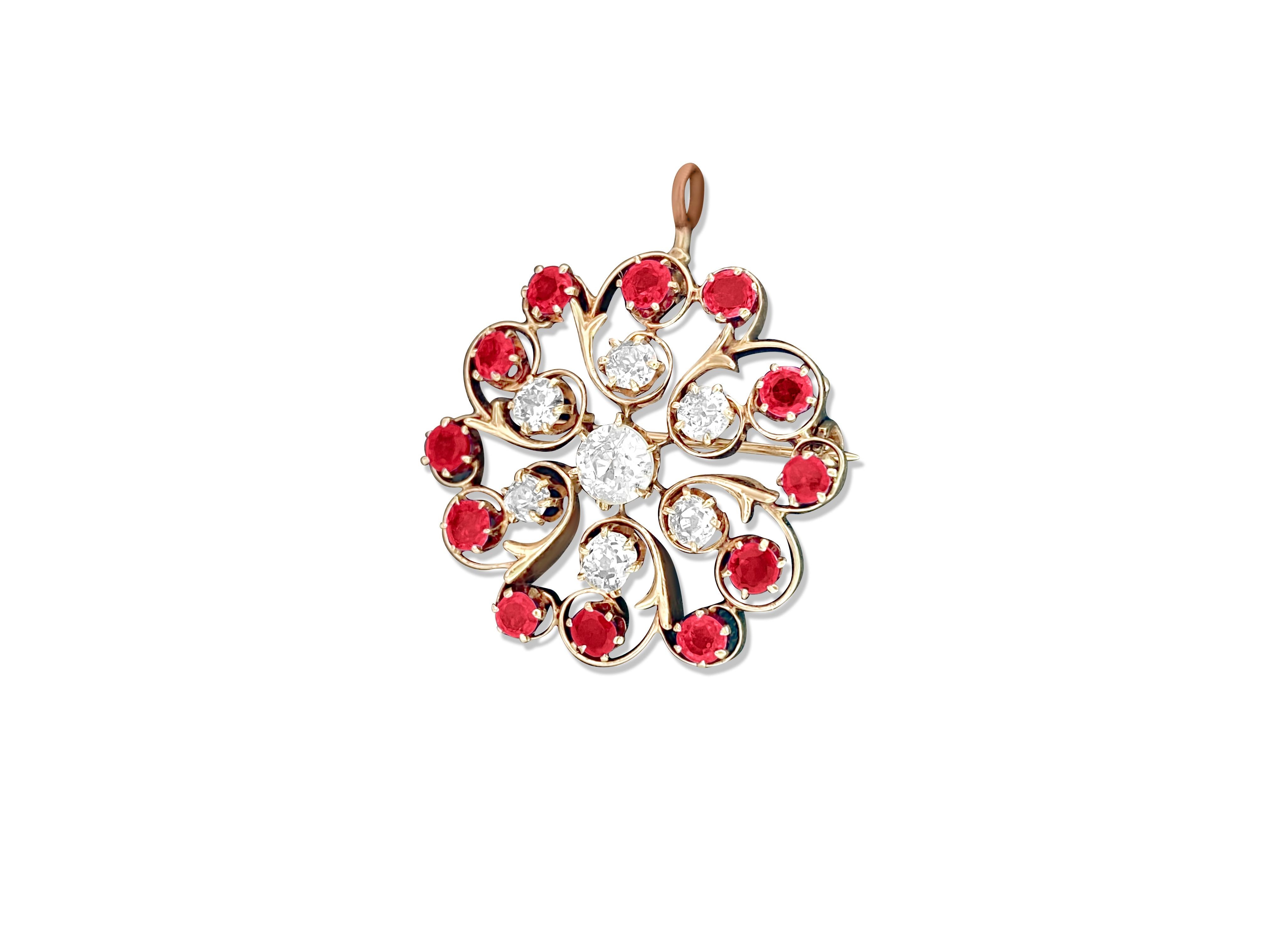 Contemporary Antique European 3.70 Ct Diamond and Ruby Pin. (GIA) For Sale