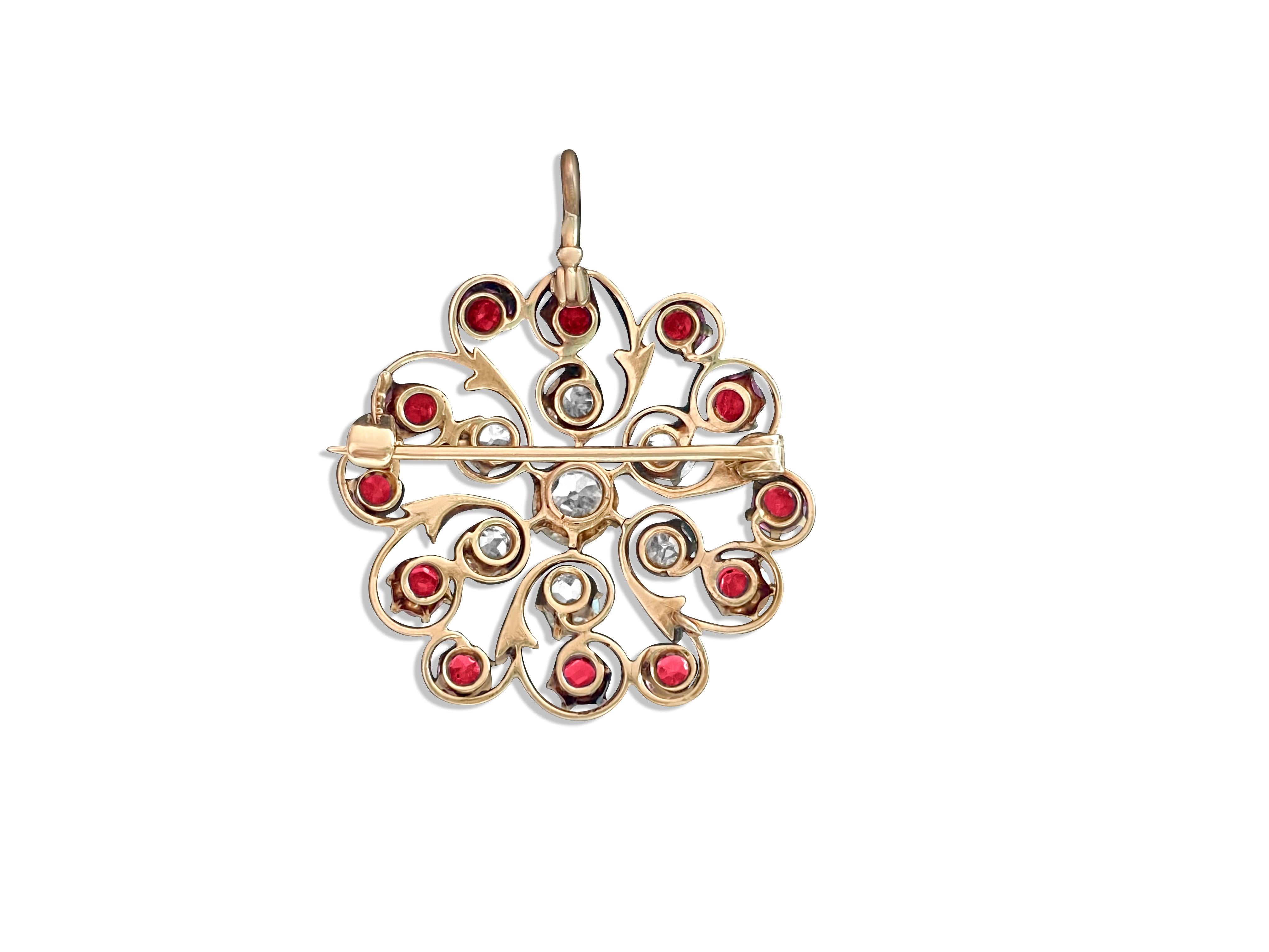 Antique European 3.70 Ct Diamond and Ruby Pin. (GIA) In Excellent Condition For Sale In Miami, FL