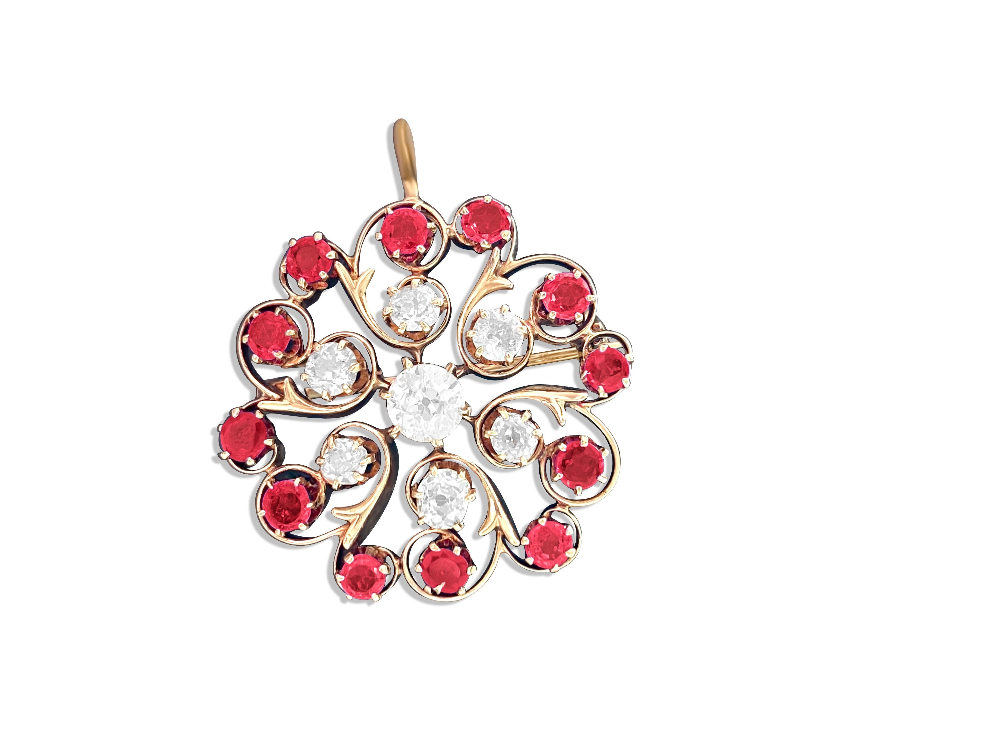 Women's or Men's Antique European 3.70 Ct Diamond and Ruby Pin. (GIA) For Sale