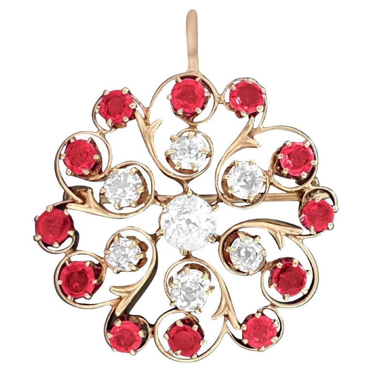 Mat Ruby Pin Antique European 3.70 Carat Diamond and Ruby Pin, 'GIA' For Sale at 1stDibs
