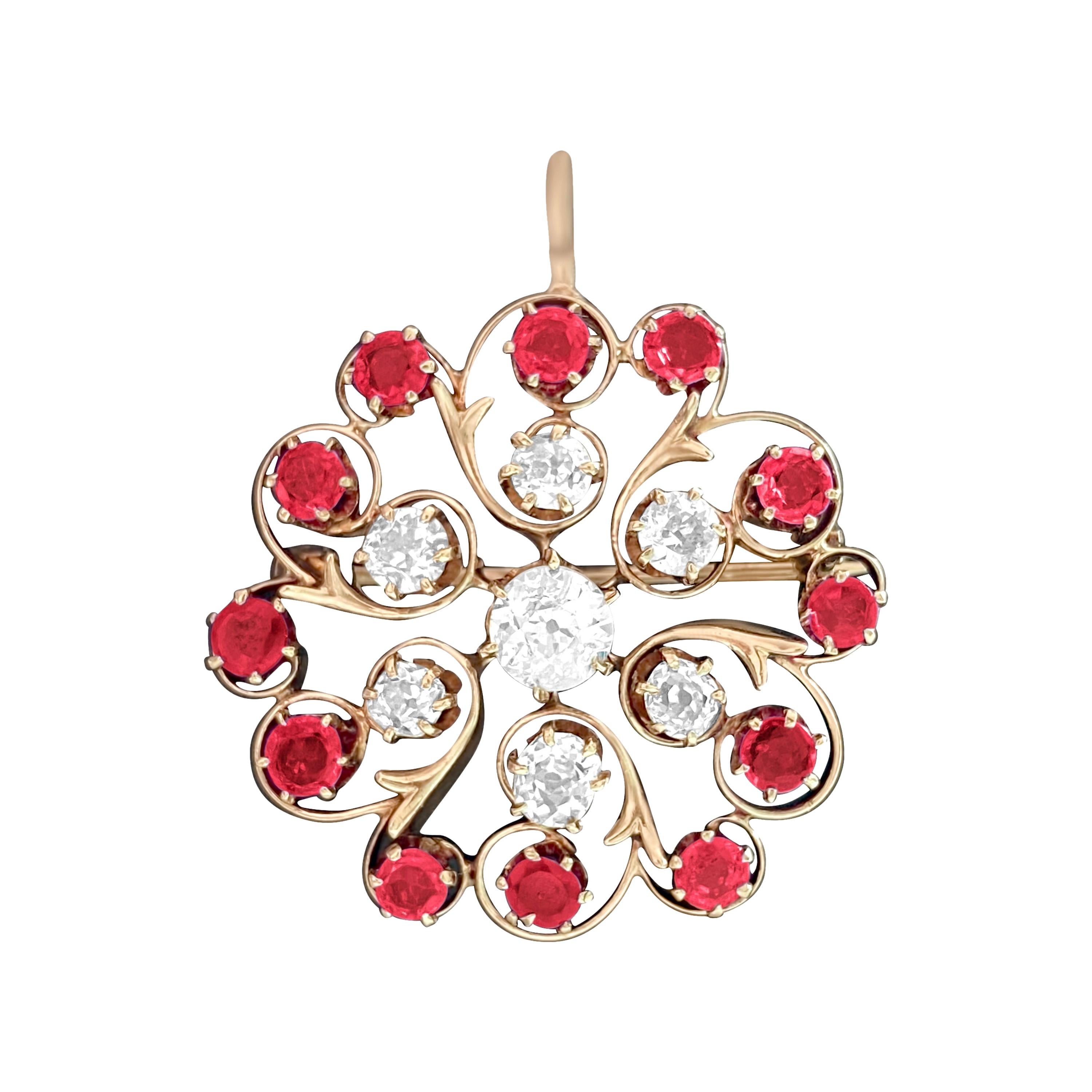 Antique European 3.70 Carat Diamond and Ruby Pin/Pendant 'GIA' For Sale
