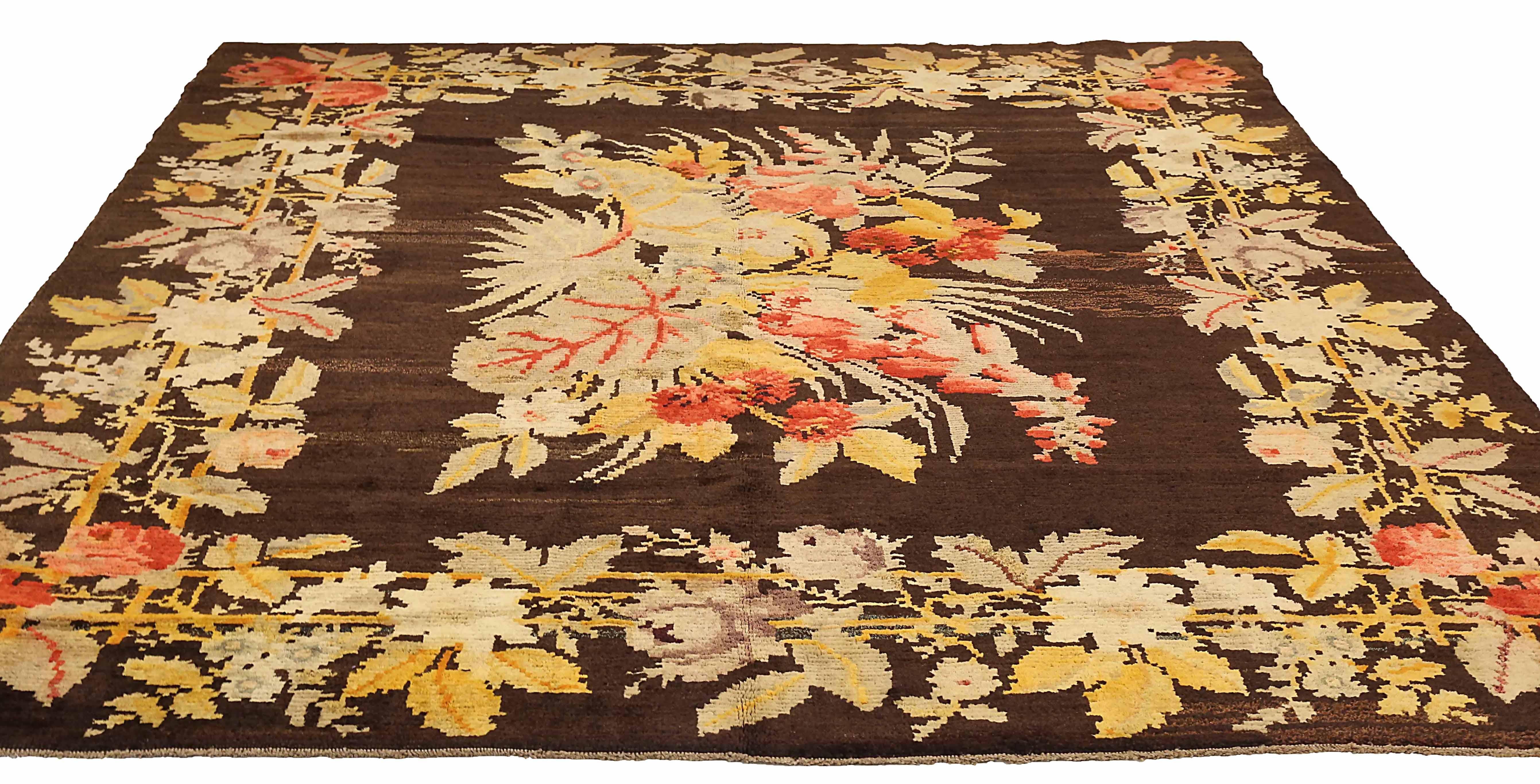 Antique European area rug handwoven from the finest sheep’s wool. It’s colored with all-natural vegetable dyes that are safe for humans and pets. It’s a traditional Bessarvian design handwoven by expert artisans. It’s a lovely area rug that can be