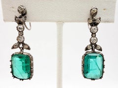 Antique European Art Deco Paste and Sterling Faux Emerald Drop Earrings