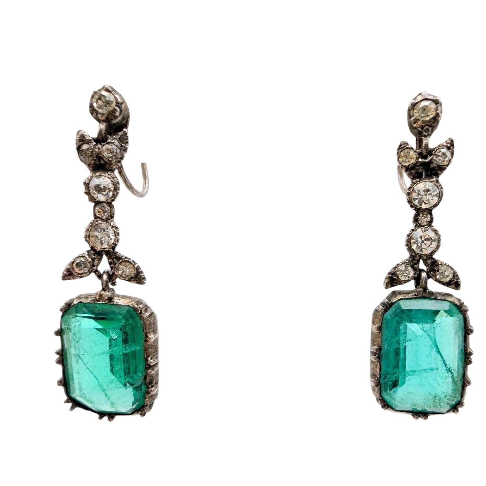 Antique European Art Deco Paste and Sterling Faux Emerald Drop Earrings