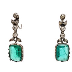 Antique European Art Deco Paste and Sterling Faux Emerald Drop Earrings