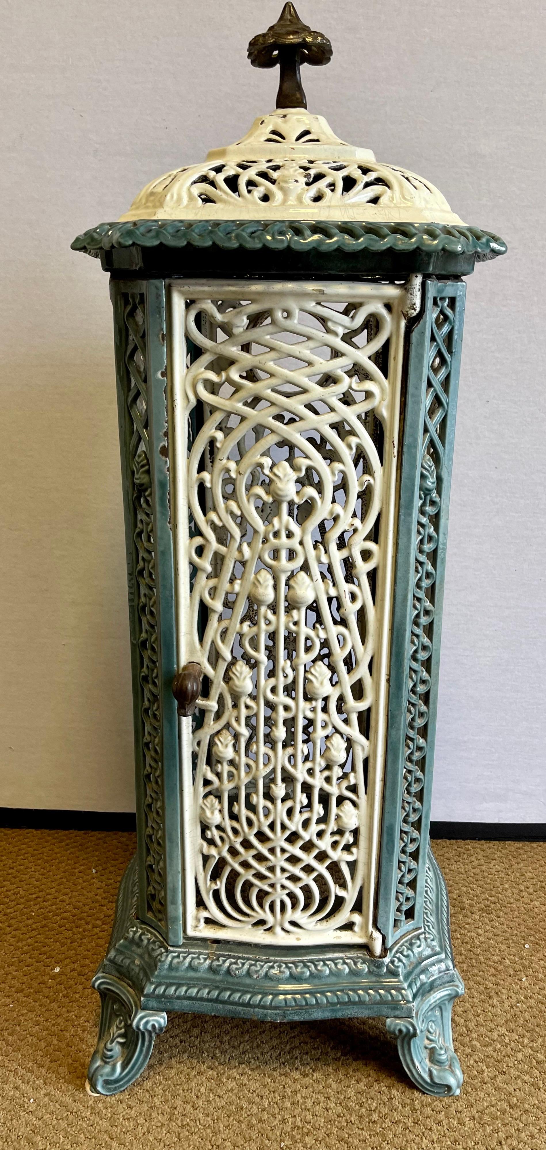 Antique European Art Nouveau Belgian Cast Iron and Enamel Stove Heater In Good Condition In West Hartford, CT