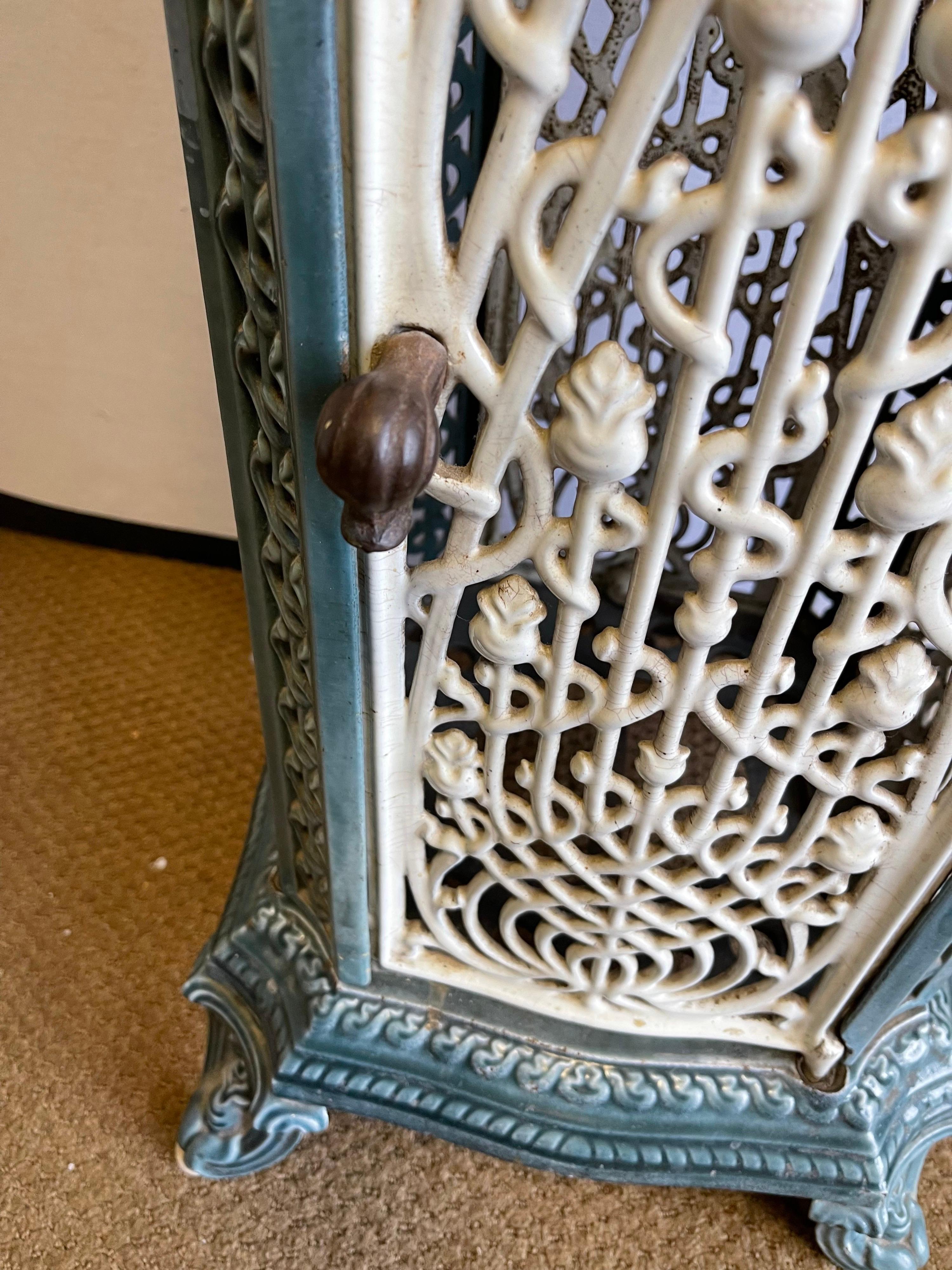 Early 20th Century Antique European Art Nouveau Belgian Cast Iron and Enamel Stove Heater