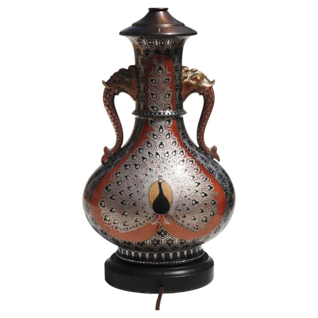 Antique European Art Nouveau Lustreware Porcelain Peacock Vase Table Lamp