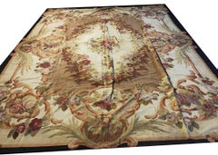 1870s Ivory Antique French Aubusson Napoleon III Carpet 11'x13'7" Flatweave Rug