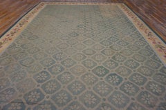1920s Green Geometric Antique French Empire Aubusson Carpet 11'2"x16' Wool Rug