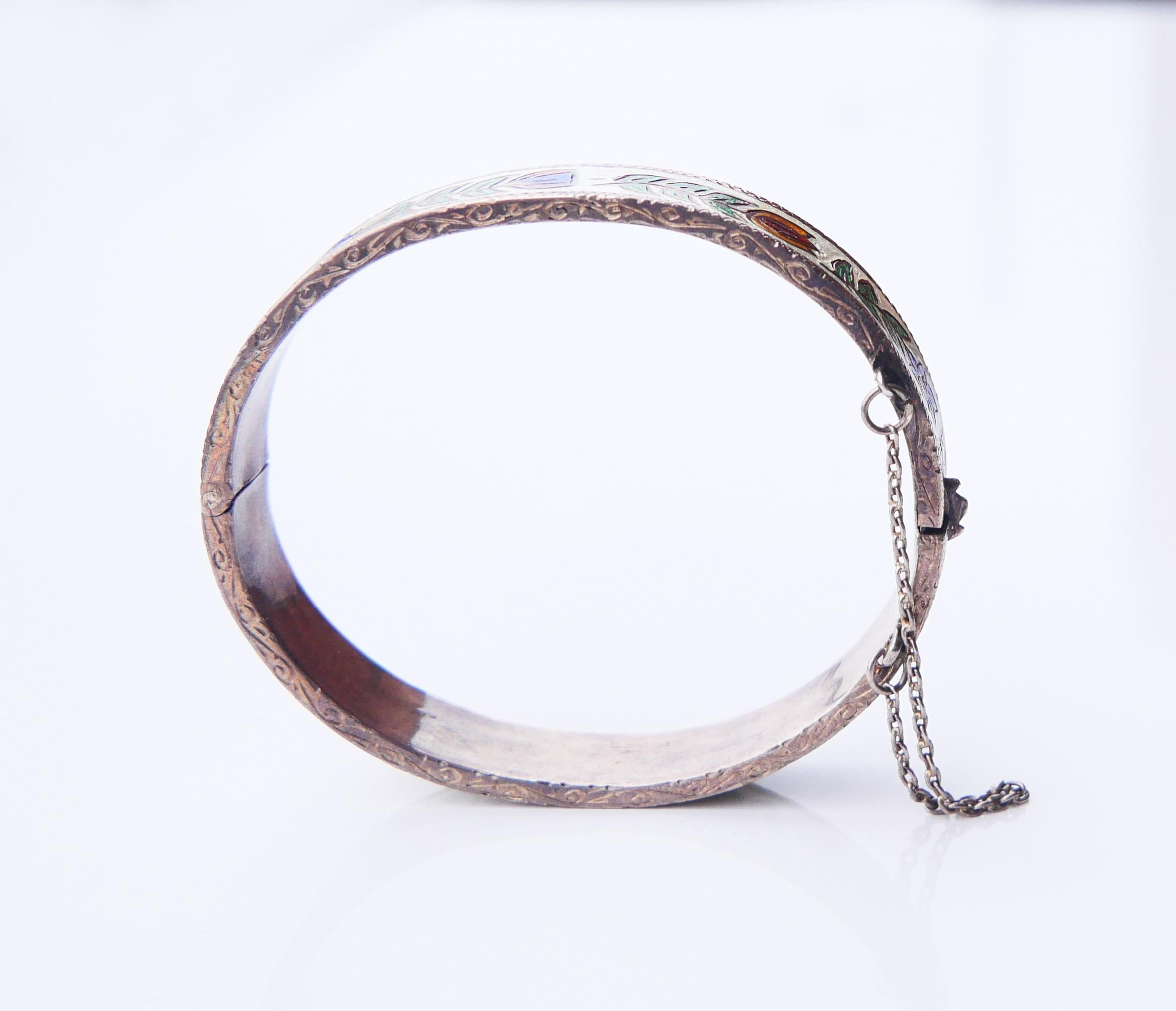 Art Nouveau Antique European Bangle Bracelet Enamels solid 830 Silver / 29gr For Sale