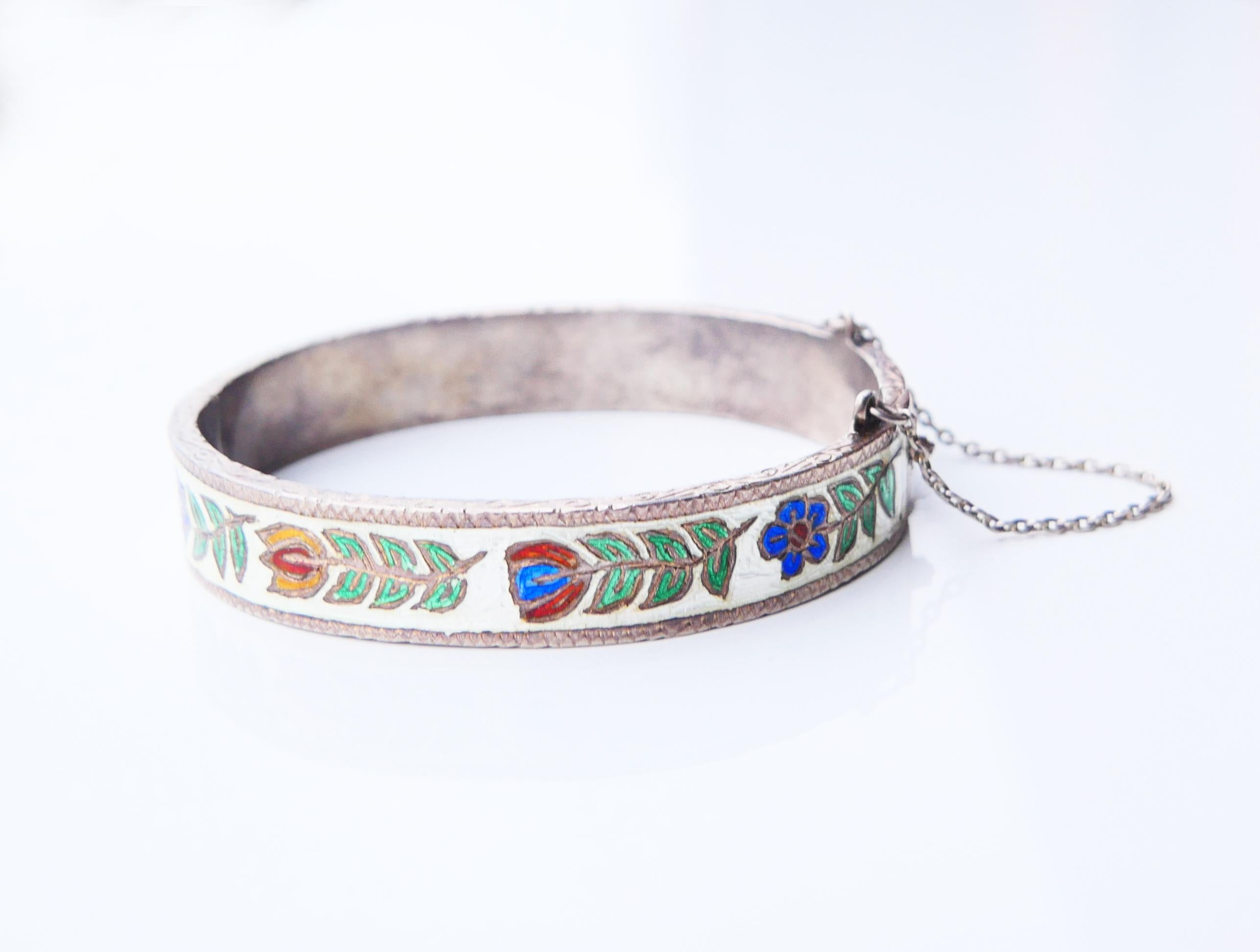 Women's Antique European Bangle Bracelet Enamels solid 830 Silver / 29gr For Sale