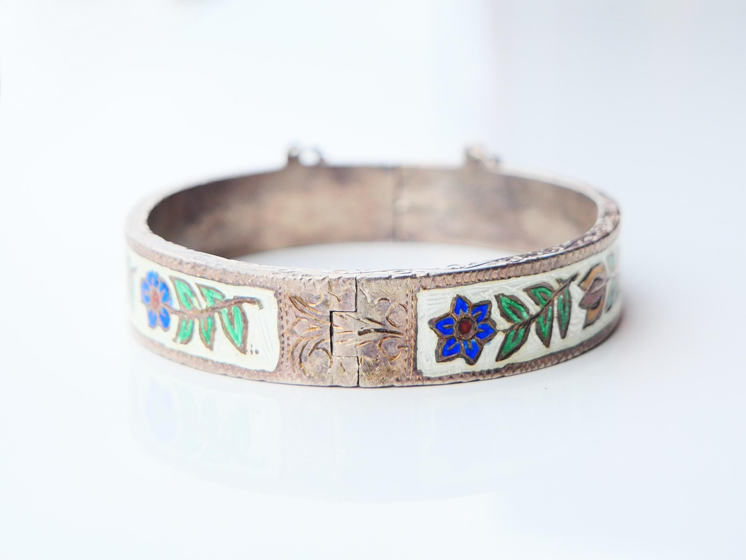 Antique European Bangle Bracelet Enamels solid 830 Silver / 29gr For Sale 1