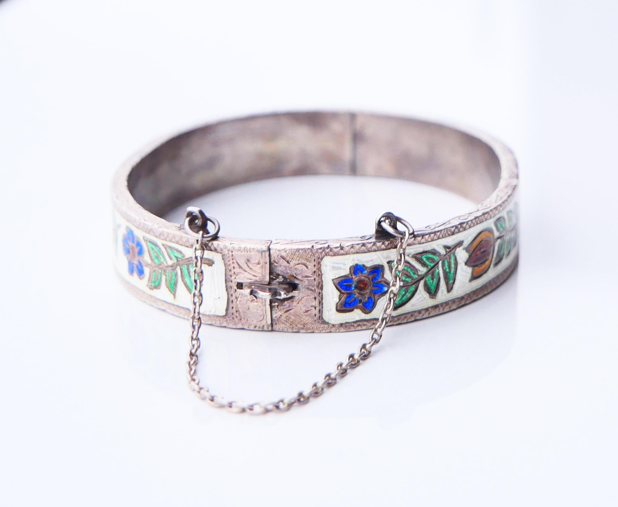Antique European Bangle Bracelet Enamels solid 830 Silver / 29gr For Sale 2