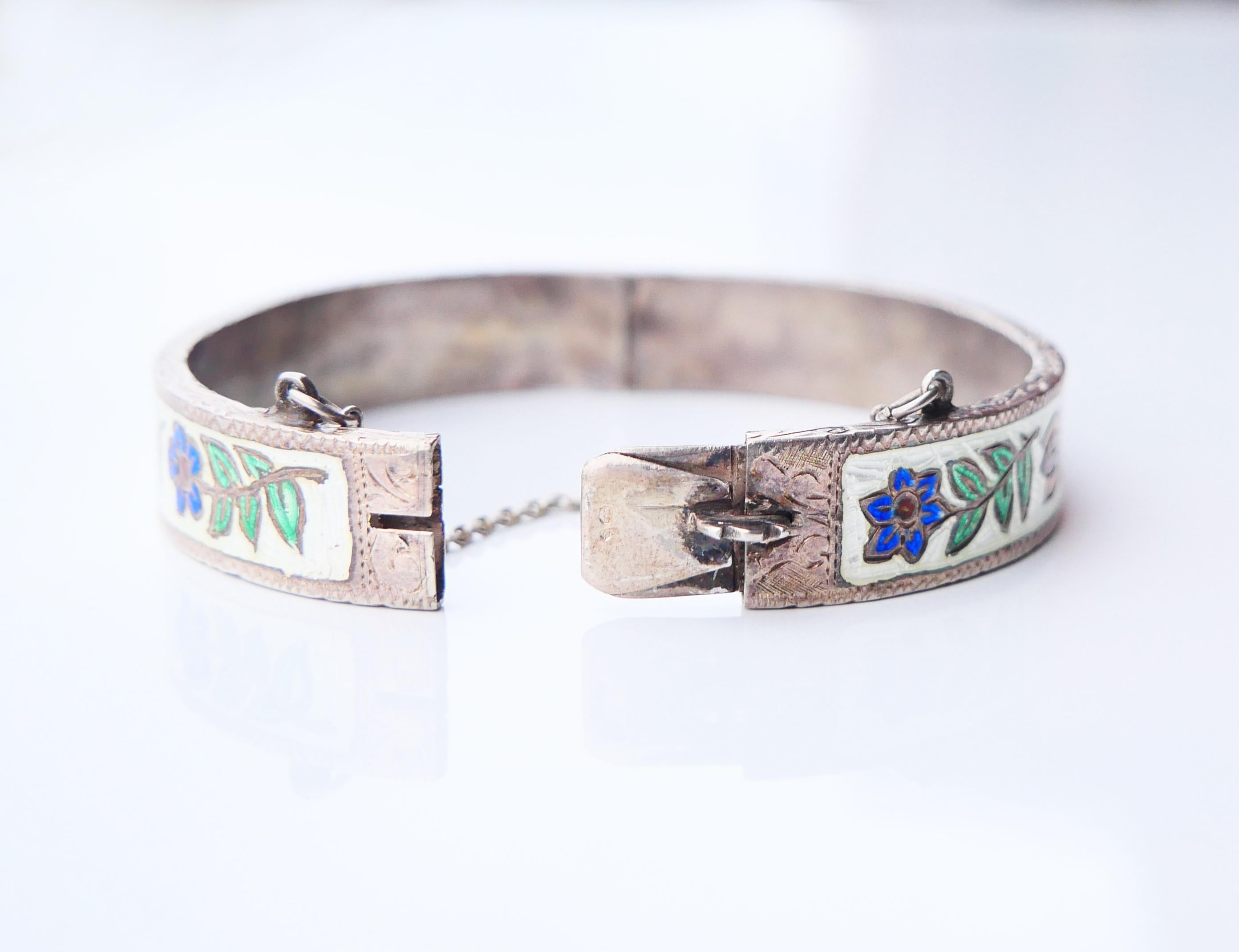 Antique European Bangle Bracelet Enamels solid 830 Silver / 29gr For Sale 3