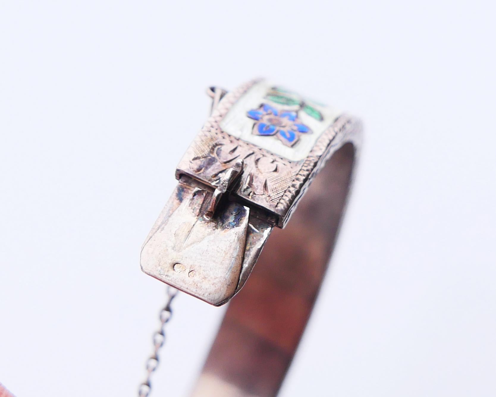 Antique European Bangle Bracelet Enamels solid 830 Silver / 29gr For Sale 4