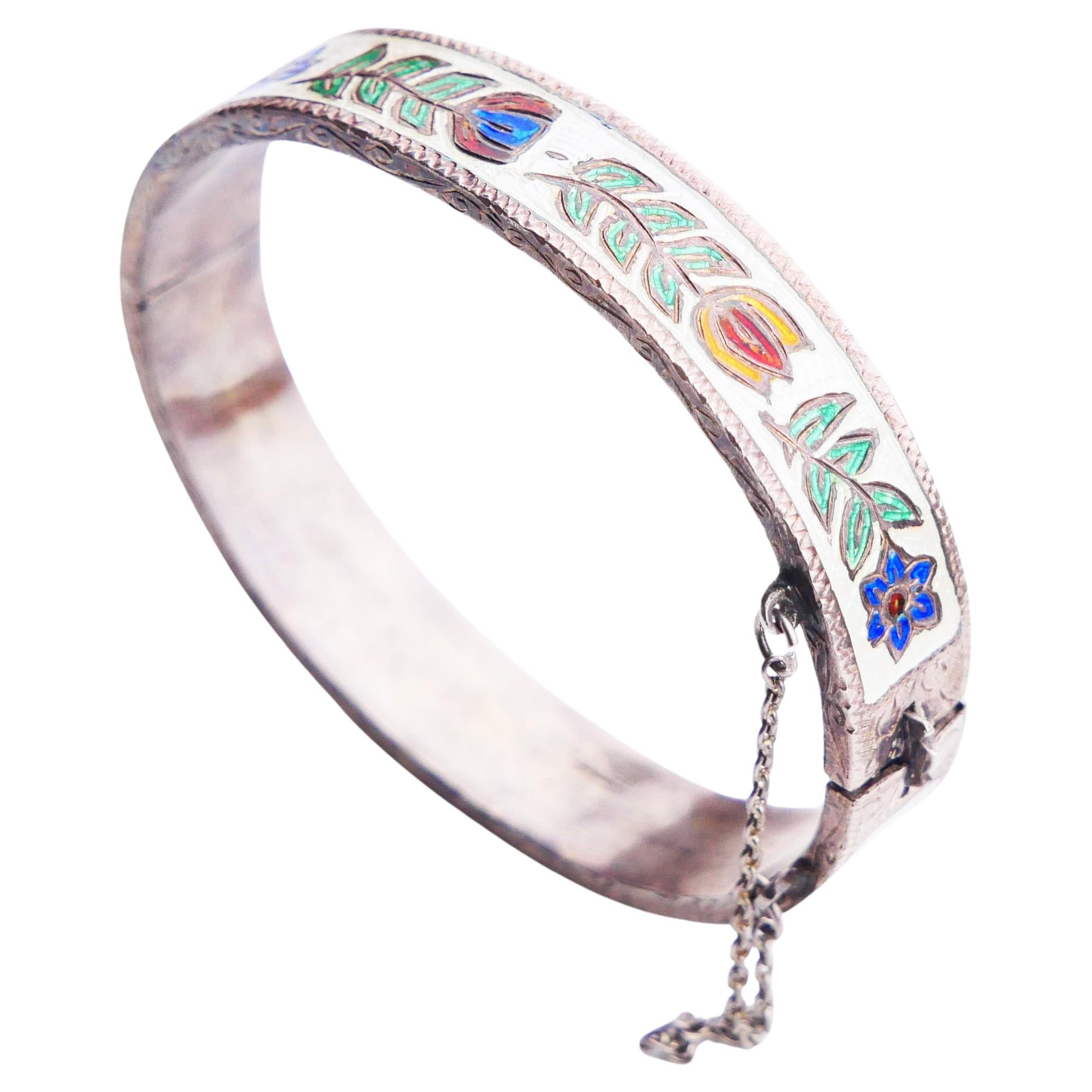 Antique European Bangle Bracelet Enamels solid 830 Silver / 29gr