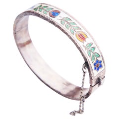 Antique European Bangle Bracelet Enamels solid 830 Silver / 29gr