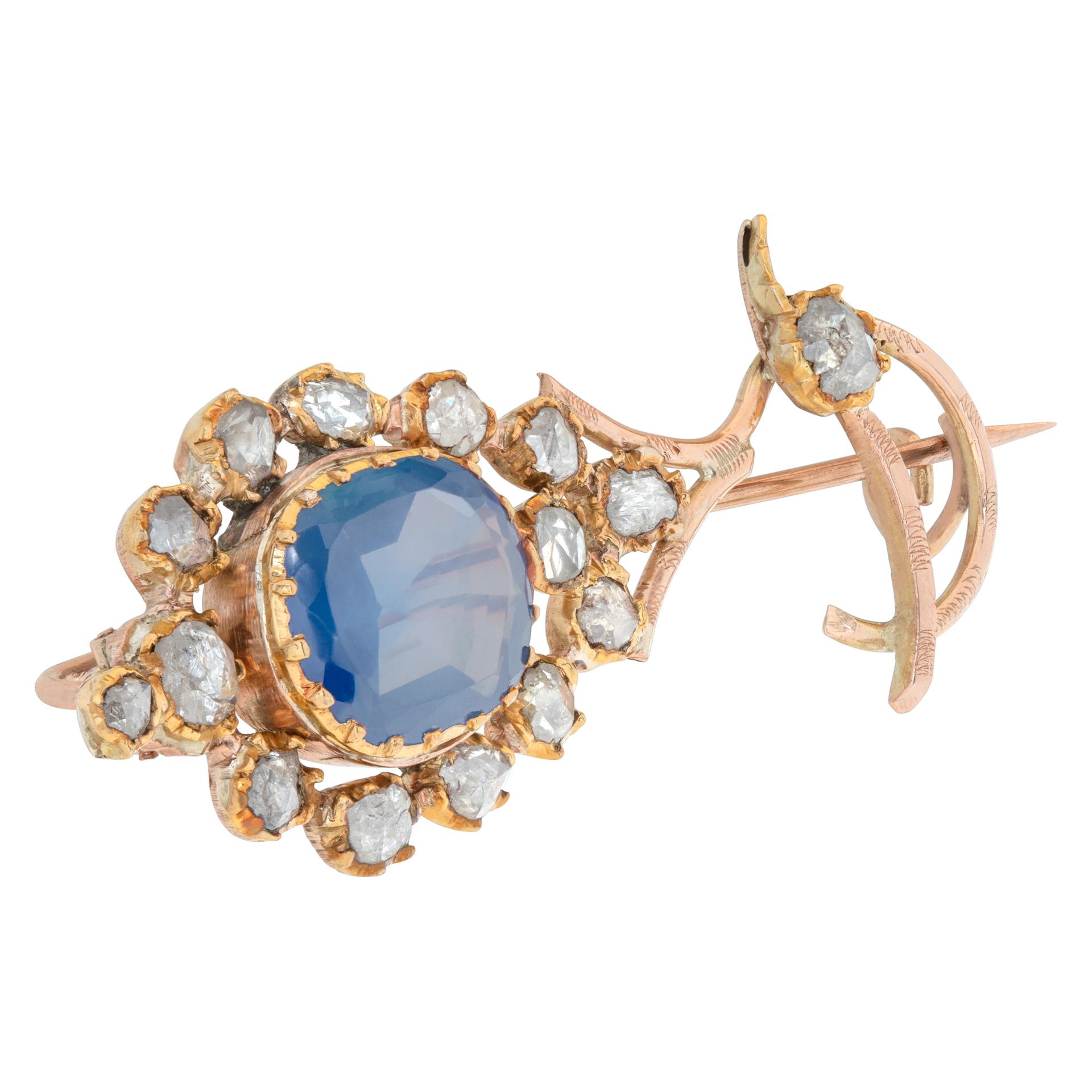 Antique European Brooch circa 1800s Diamond and Sapphire Set in 18k Yellow Gold In Excellent Condition For Sale In Surfside, FL