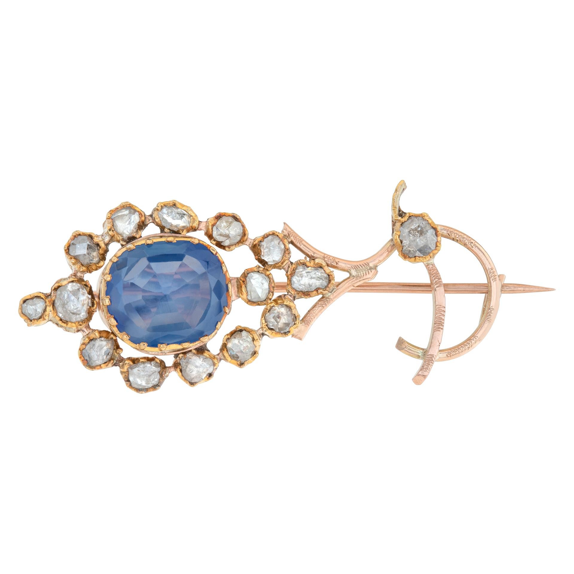 Antique European Brooch circa 1800s Diamond and Sapphire Set in 18k Yellow Gold For Sale