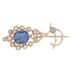 Vintage European Brooch circa 1800s Diamond and Sapphire Set in 18k Yellow Gold