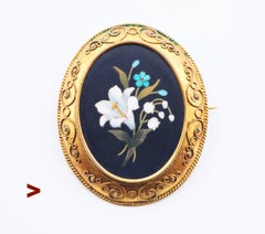 Antique European Brooch Pietra Dura Stone Gilt Silver / 12gr