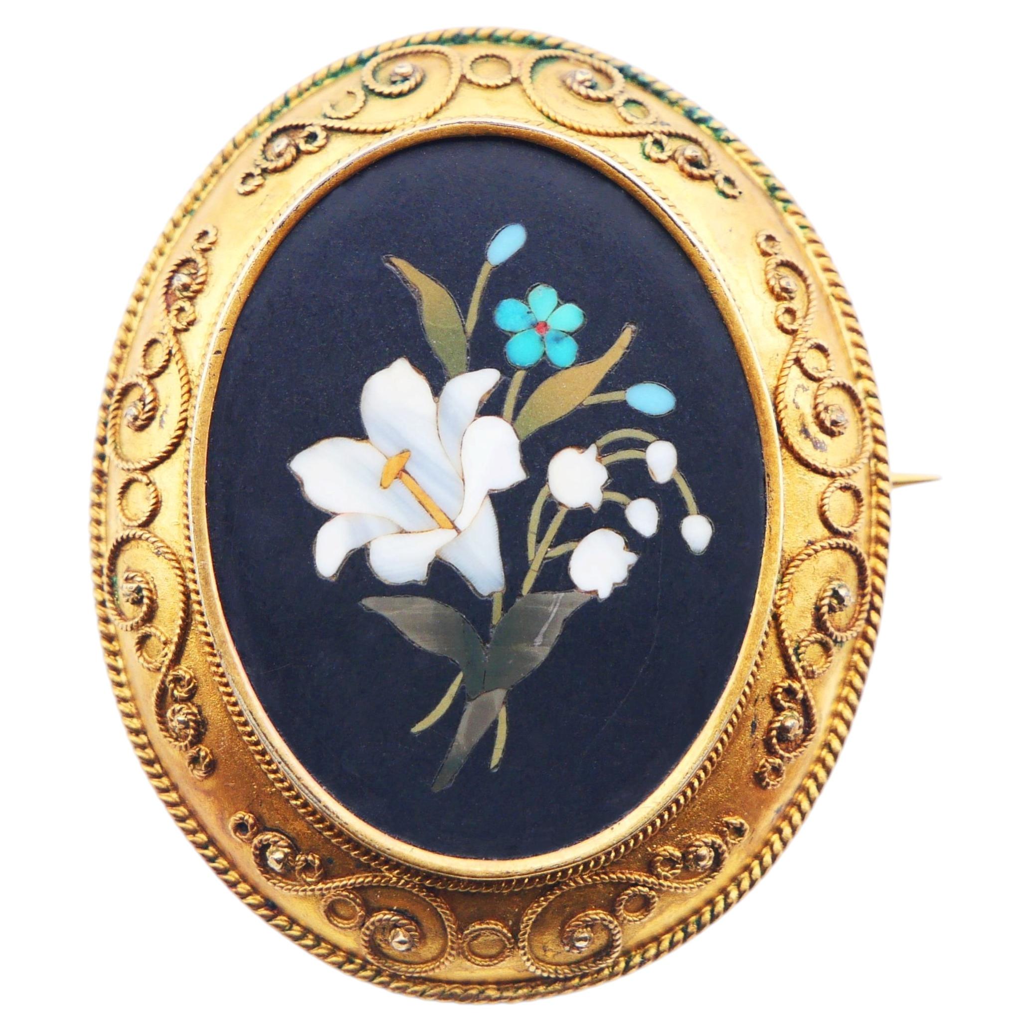 Antique European Brooch Pietra Dura Stone Gilt Silver / 12gr