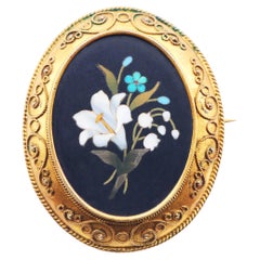 Antique European Brooch Pietra Dura Stone Gilt Silver / 12gr