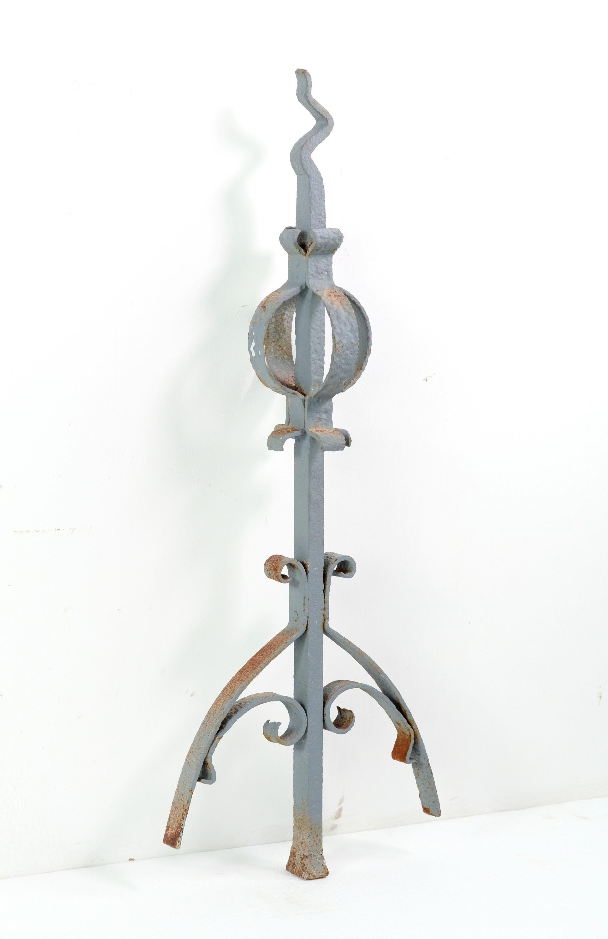 Imported from Europe, decorative wrought iron roof finial painted gray. Good condition, very minor rust showing through the gray paint. This can be seen at our 400 Gilligan St location in Scranton, PA.