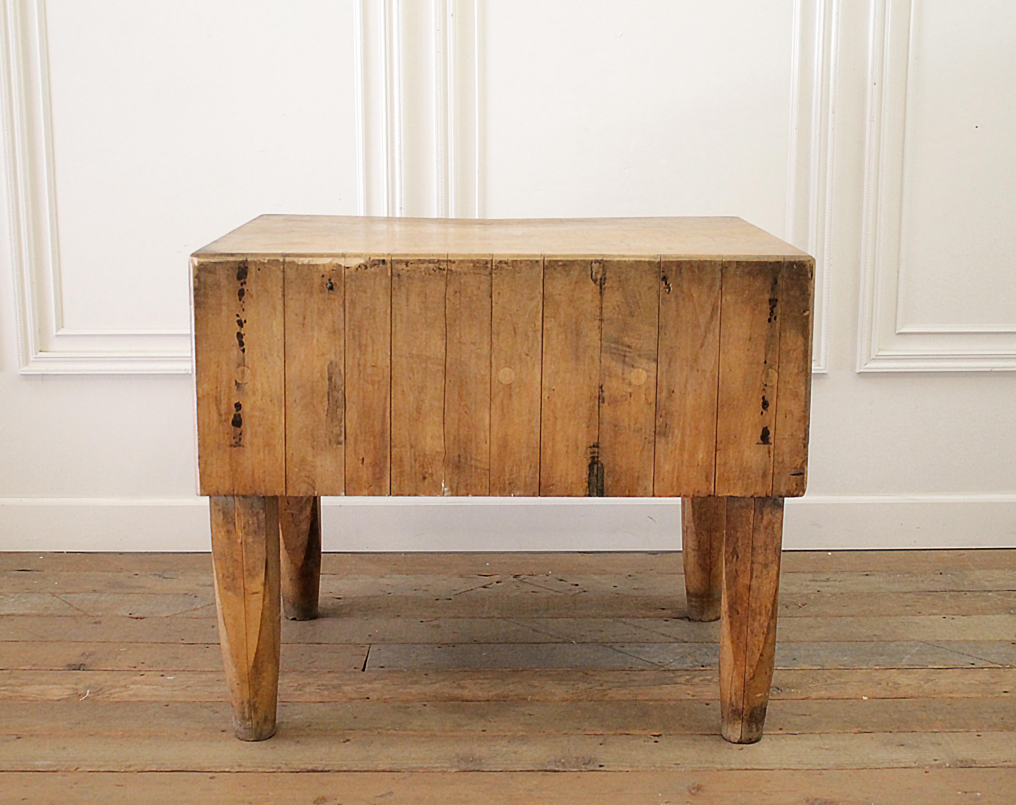 A beautiful antique maple French butcher block table with aged and wonderful patina. A 16