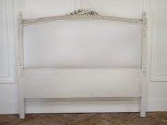 Antique European Carved and Painted Headboard in Light Natural Fabric