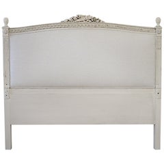 Antique European Carved and Painted Headboard in Light Natural Fabric