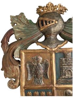 Antique European Carved Gilt And Polychrome Coat Of Arms Wall Plaque