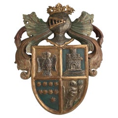 Antique European Carved Gilt And Polychrome Coat Of Arms Wall Plaque