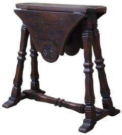 Antique European Carved Oak Petite Drop-Leaf Side End Table Celtic Knot