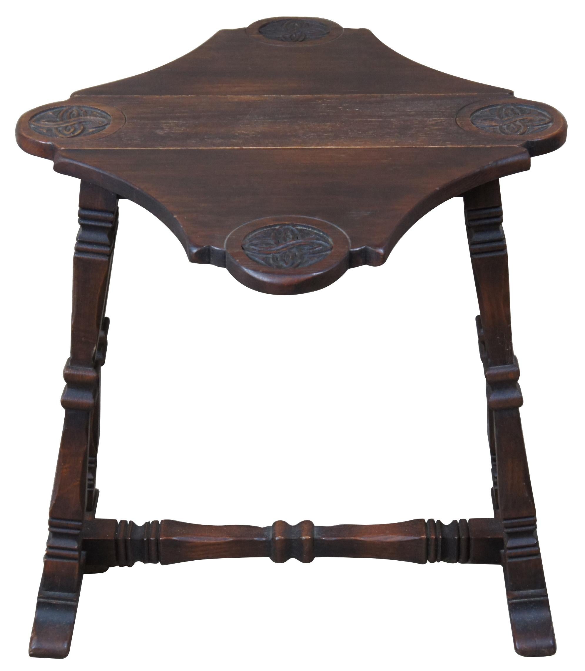 British Colonial Antique European Carved Oak Petite Drop-Leaf Side End Table Celtic Knot