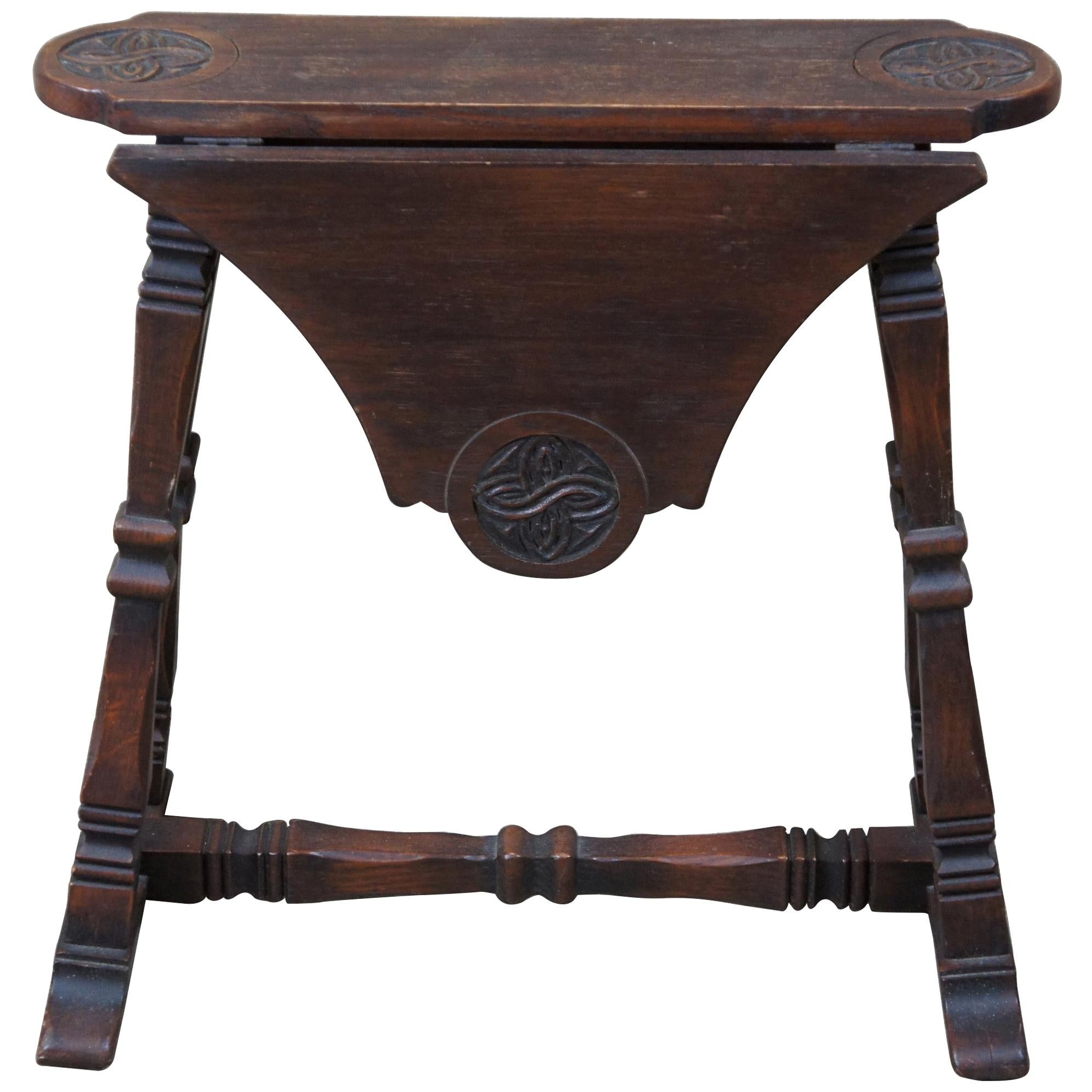 Antique European Carved Oak Petite Drop-Leaf Side End Table Celtic Knot